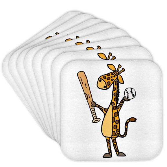 3drose, Funny Cute Giraffe Playing Baseball or Softball Cartoon, Set of 8 Coasters - Soft