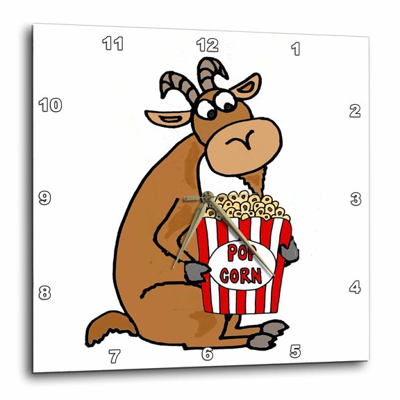 3drose, Funny Cute Goat Eating Popcorn Cartoon, 15x15 Wall Clock