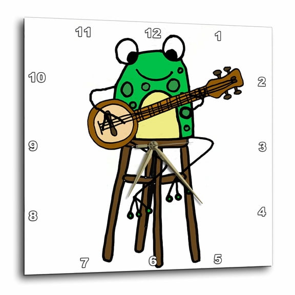 3drose, Funny Cute Green Frog Playing Banjo Music Cartoon, 13x13 Wall Clock