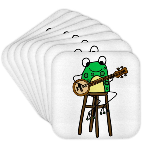 3drose, Funny Cute Green Frog Playing Banjo Music Cartoon, Set of 8 Coasters - Cork