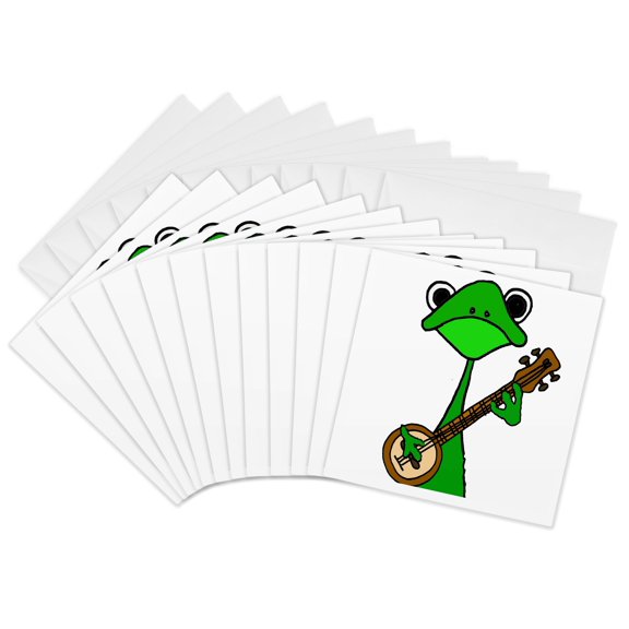 3drose, Funny Cute Green Tree Frog Playing the Banjo, 12 Greeting Cards with Envelopes