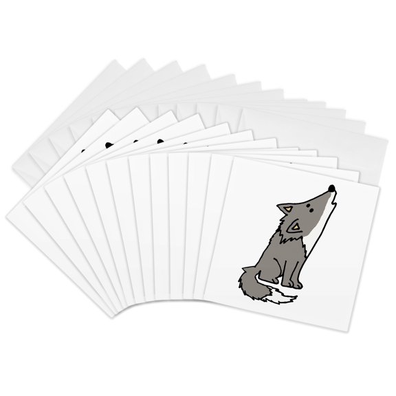 3drose, Funny Cute Howling Grey Wolf Cartoon, 12 Greeting Cards with Envelopes