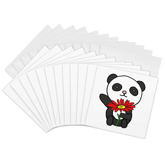 3drose, Funny Cute Kawaii Panda Bear with Red Daisy Flower Cartoon, 12 Greeting Cards with Envelopes