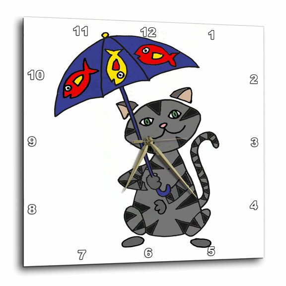 3drose, Funny Cute Kitty Cat with Fish Umbrella, 10x10 Wall Clock