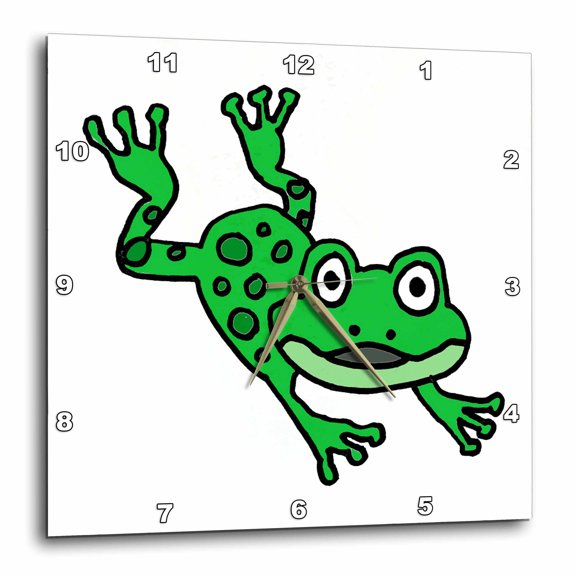 3drose, Funny Cute Leaping Green Frog Nature Cartoon, 13x13 Wall Clock