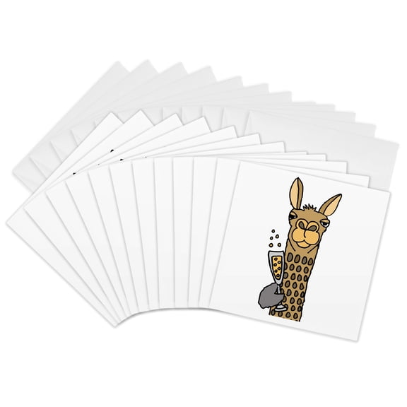 3drose, Funny Cute Llama Drinking Champagne Cartoon, 12 Greeting Cards with Envelopes