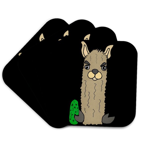 3drose, Funny Cute Llama Eating Pickle Cartoon, Set of 4 Coasters - Soft