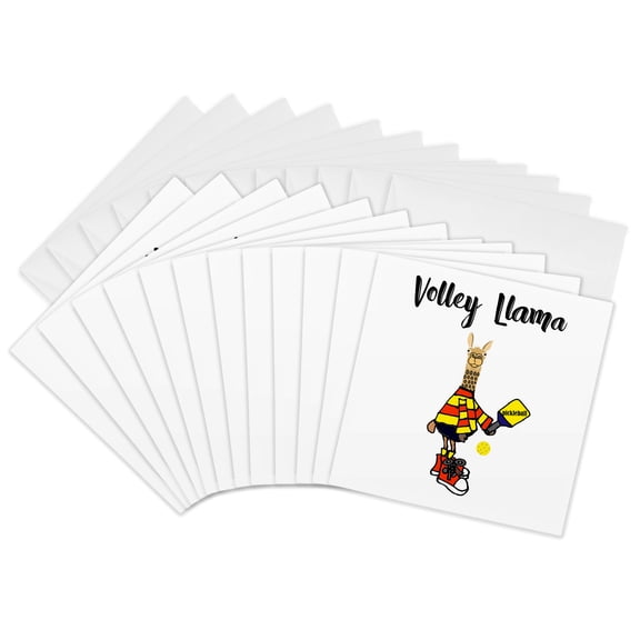 3drose, Funny Cute Llama Playing Pickleball Volley Llama Pun Cartoon, 12 Greeting Cards with Envelopes