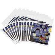 3drose, Funny Cute Llama with Starry Night Van Gogh Background, 12 Greeting Cards with Envelopes
