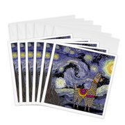 3drose, Funny Cute Llama with Starry Night Van Gogh Background, 6 Greeting Cards with Envelopes