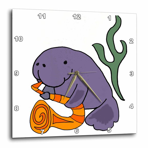 3drose, Funny Cute Manatee Playing Saxophone Cartoon, 13x13 Wall Clock