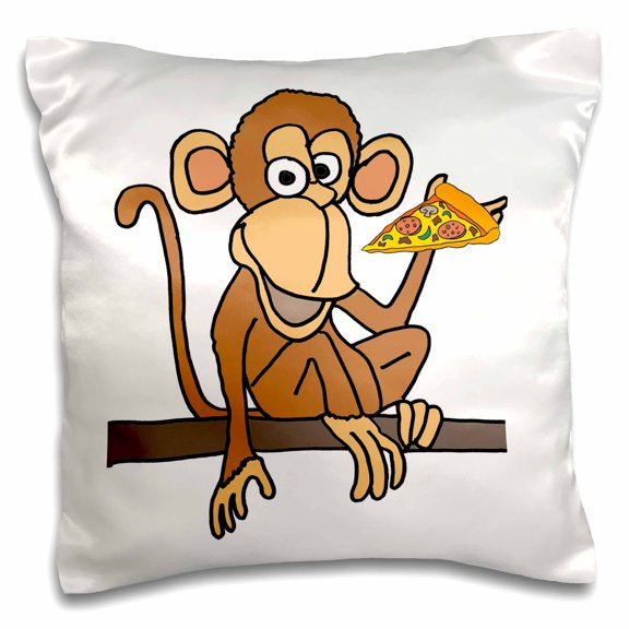 3drose, Funny Cute Monkey Eating Slice of Pizza Cartoon, 16x16 inch Pillow Case