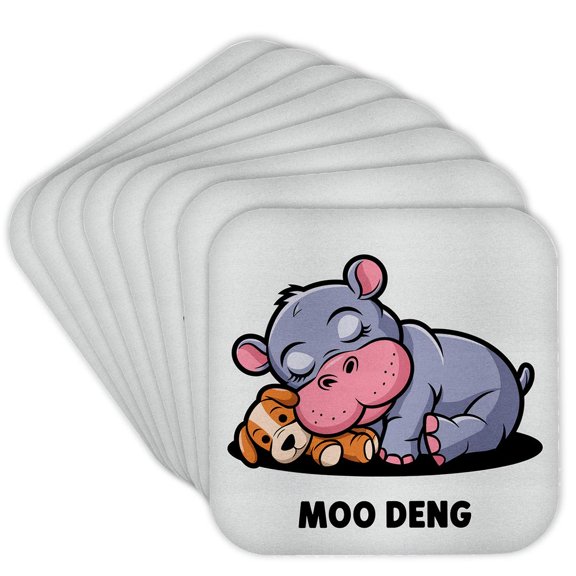 3drose, Funny Cute Moo Deng Baby Pygmy Hippo Sleeping with Stuffed Dog, Set of 8 Coasters - Cork