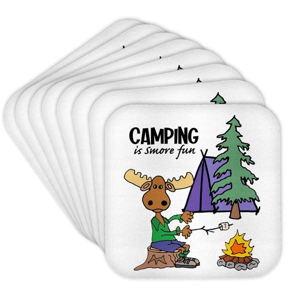 3drose, Funny Cute Moose Camping Is Smore Fun Pun Cartoon, Set of 8 Coasters - Soft
