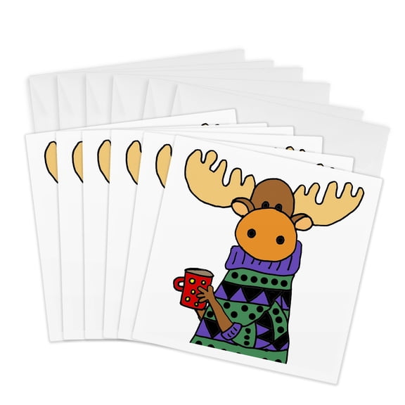 3drose, Funny Cute Moose Drinking Coffee Wearing Colorful Sweater, 6 Greeting Cards with Envelopes