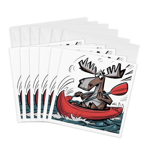 3drose, Funny Cute Moose Kayaking Kayak Sports Abstract Art, 6 Greeting Cards with Envelopes