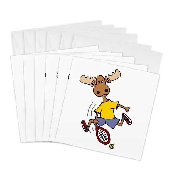 3drose, Funny Cute Moose Playing Tennis Sports Cartoon, 6 Greeting Cards with Envelopes