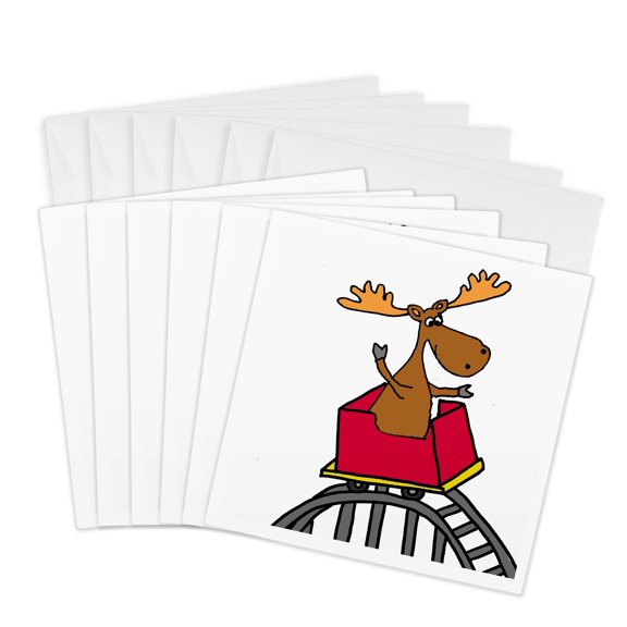 3drose, Funny Cute Moose Riding Roller Coaster Cartoon, 6 Greeting Cards with Envelopes