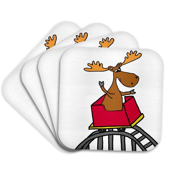 3drose, Funny Cute Moose Riding Roller Coaster Cartoon, Set of 4 Coasters - Soft