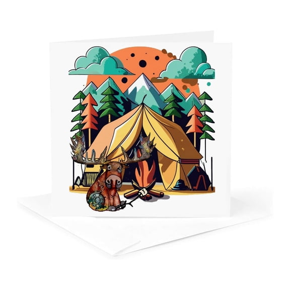 3drose, Funny Cute Moose Roasting Marshmallows and Camping, 1 Greeting Card with Envelope