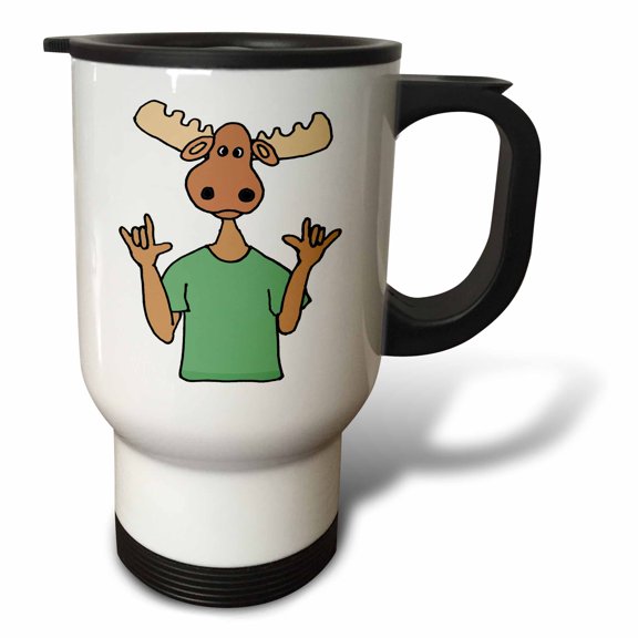 3drose, Funny Cute Moose Signing I Love You Sign Language Cartoon, 14oz Stainless Steel Travel Mug