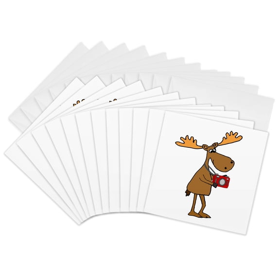 3drose, Funny Cute Moose Taking Photos with Camera Cartoon, 12 Greeting Cards with Envelopes