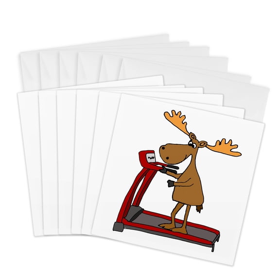 3drose, Funny Cute Moose Using Treadmill Exercise Cartoon, 6 Greeting Cards with Envelopes