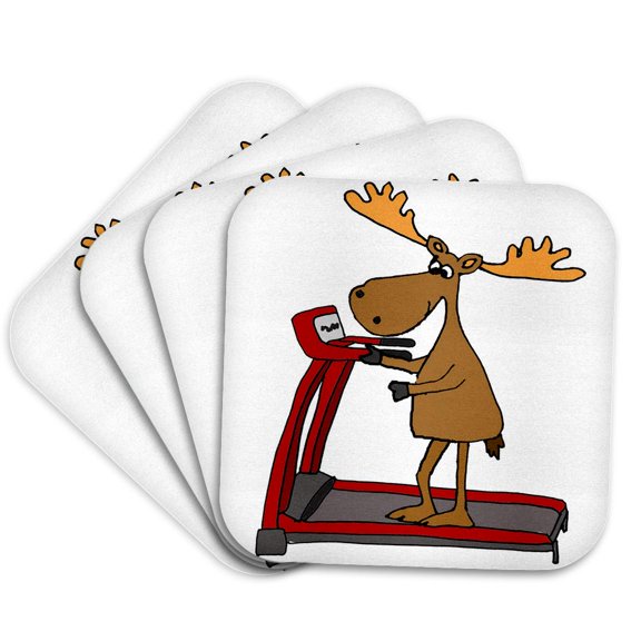 3drose, Funny Cute Moose Using Treadmill Exercise Cartoon, Set of 4 Coasters - Soft