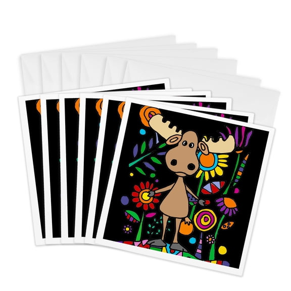 3drose, Funny Cute Moose in Colorful Flower Garden Nature Abstract Art, 6 Greeting Cards with Envelopes