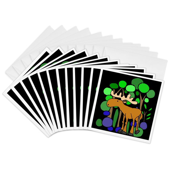 3drose, Funny Cute Moose in the Woods Nature Abstract Art Cartoon, 12 Greeting Cards with Envelopes