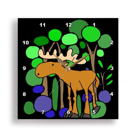 3drose, Funny Cute Moose in the Woods Nature Abstract Art Cartoon, 13x13 Wall Clock