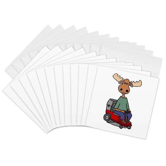 3drose, Funny Cute Moose on Riding Lawn Mower Mowing Cartoon, 12 Greeting Cards with Envelopes
