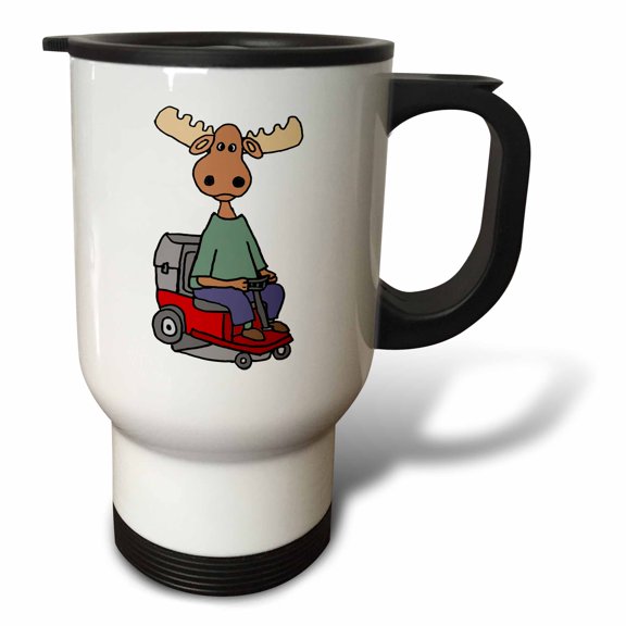 3drose, Funny Cute Moose on Riding Lawn Mower Mowing Cartoon, 14oz Stainless Steel Travel Mug