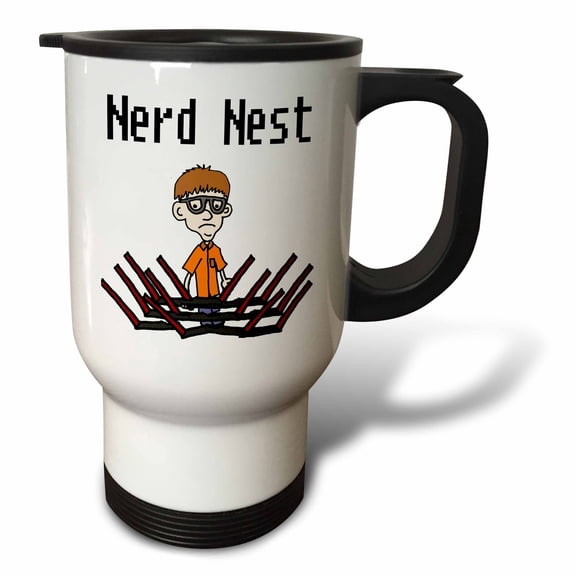 3drose, Funny Cute Nurd Surrounded by Laptop Computers Forming Nerd Nest Pun, 14oz Stainless Steel Travel Mug
