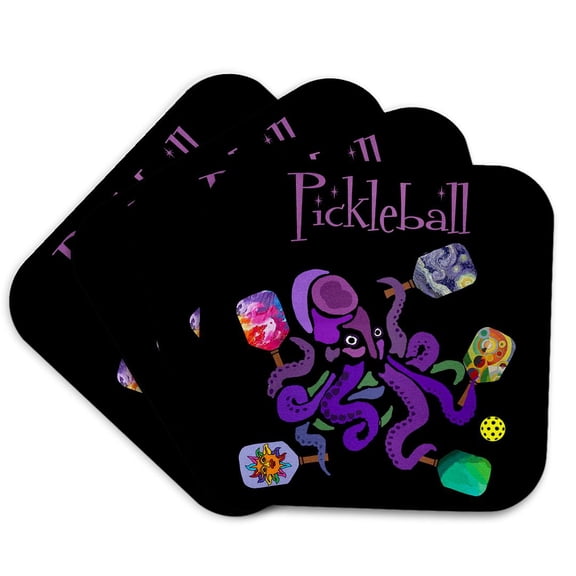 3drose, Funny Cute Octopus with Paddles Playing Pickleball Sports Cartoon, Set of 4 Coasters - Cork