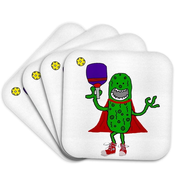 3drose, Funny Cute Pickle Superhero Playing Pickleball Sports Cartoon, Set of 4 Coasters - Cork