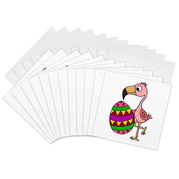 3drose, Funny Cute Pink Flamingo Bird with Easter Egg Cartoon, 12 Greeting Cards with Envelopes