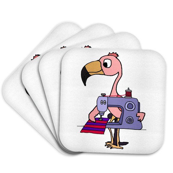 3drose, Funny Cute Pink Flamingo Using Sewing Machine Cartoon, Set of 4 Coasters - Cork