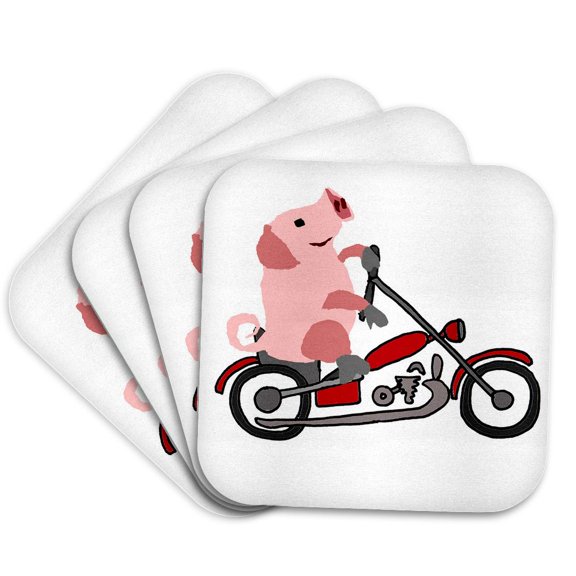 3drose, Funny Cute Pink Pig or Hog Riding Motorcycle Cartoon, Set of 4 Coasters - Cork