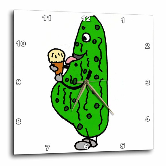 3drose, Funny Cute Pregnant Dill Pickle Eating Ice Cream Cone Cartoon, 15x15 Wall Clock