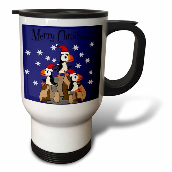 3drose, Funny Cute Puffin Birds on Rocks in Santa Hats Christmas Primitive Art, 14oz Stainless Steel Travel Mug