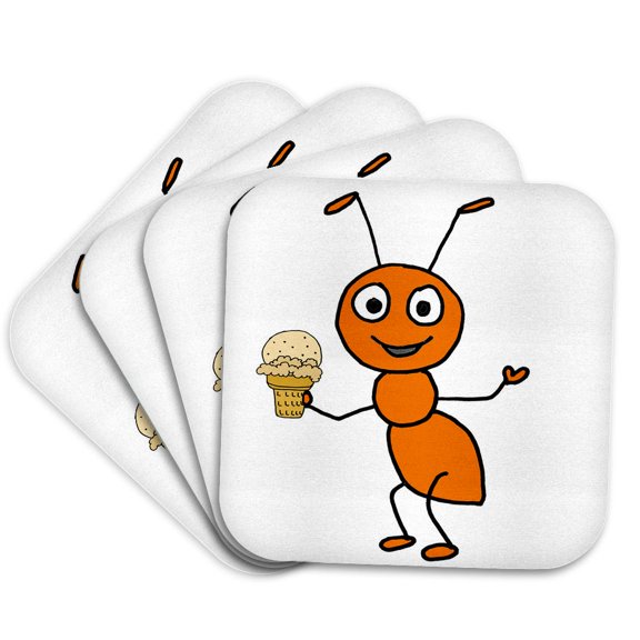 3drose, Funny Cute Red Ant Eating Ice Cream Cone Cartoon, Set of 4 Coasters - Cork