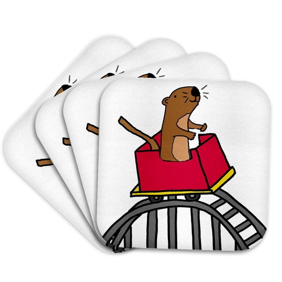 3drose, Funny Cute Sea Otter Riding Roller Coaster Cartoon, Set of 4 Coasters - Cork