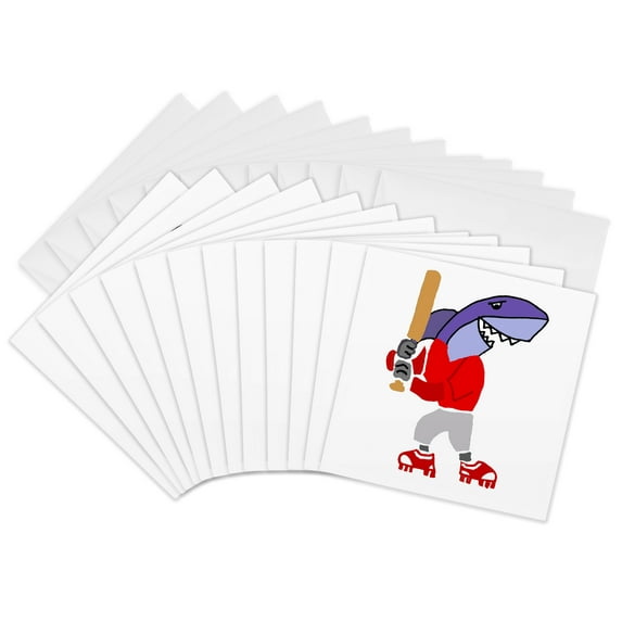 3drose, Funny Cute Shark Batter Playing Baseball Sports at the Beach, 12 Greeting Cards with Envelopes