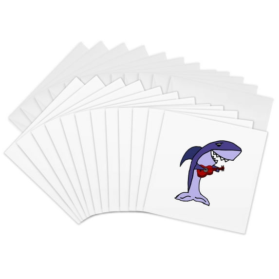 3drose, Funny Cute Shark Playing Ukulele Music Cartoon, 12 Greeting Cards with Envelopes