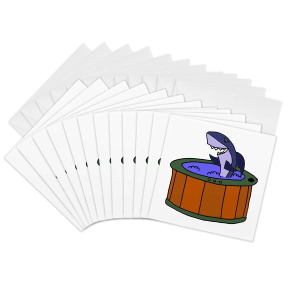 3drose, Funny Cute Shark Soaking in Hot Tub Cartoon, 12 Greeting Cards with Envelopes