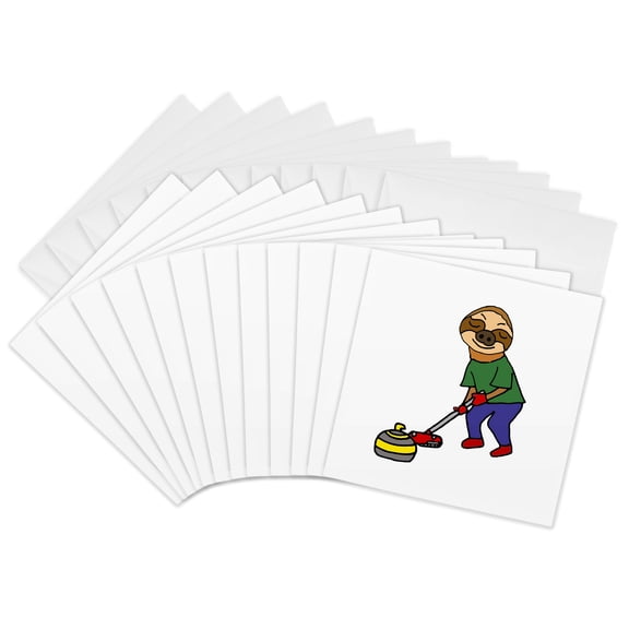 3drose, Funny Cute Sloth Curling Sports Cartoon, 12 Greeting Cards with Envelopes