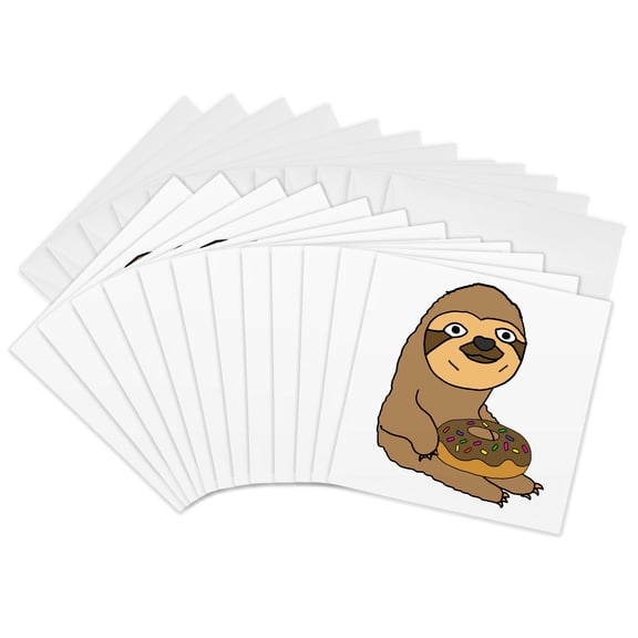 3drose, Funny Cute Sloth Eating Donut Cartoon, 12 Greeting Cards with Envelopes