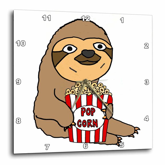 3drose, Funny Cute Sloth Eating Popcorn Cartoon, 13x13 Wall Clock