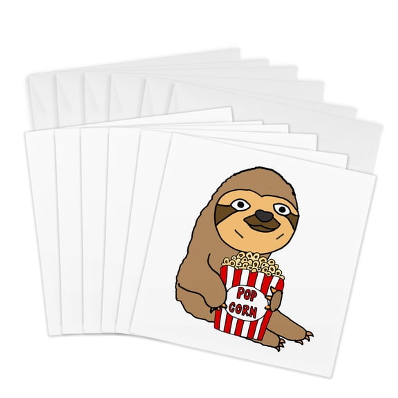 3drose, Funny Cute Sloth Eating Popcorn Cartoon, 6 Greeting Cards with Envelopes